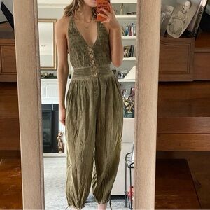 Free People Olive Green Button-Down Jumpsuit